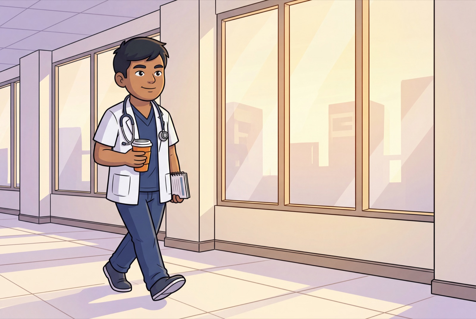 Dr. Roger Nakata in a white coat walking a sunlit hospital hallway — learn how to learn like a doctor