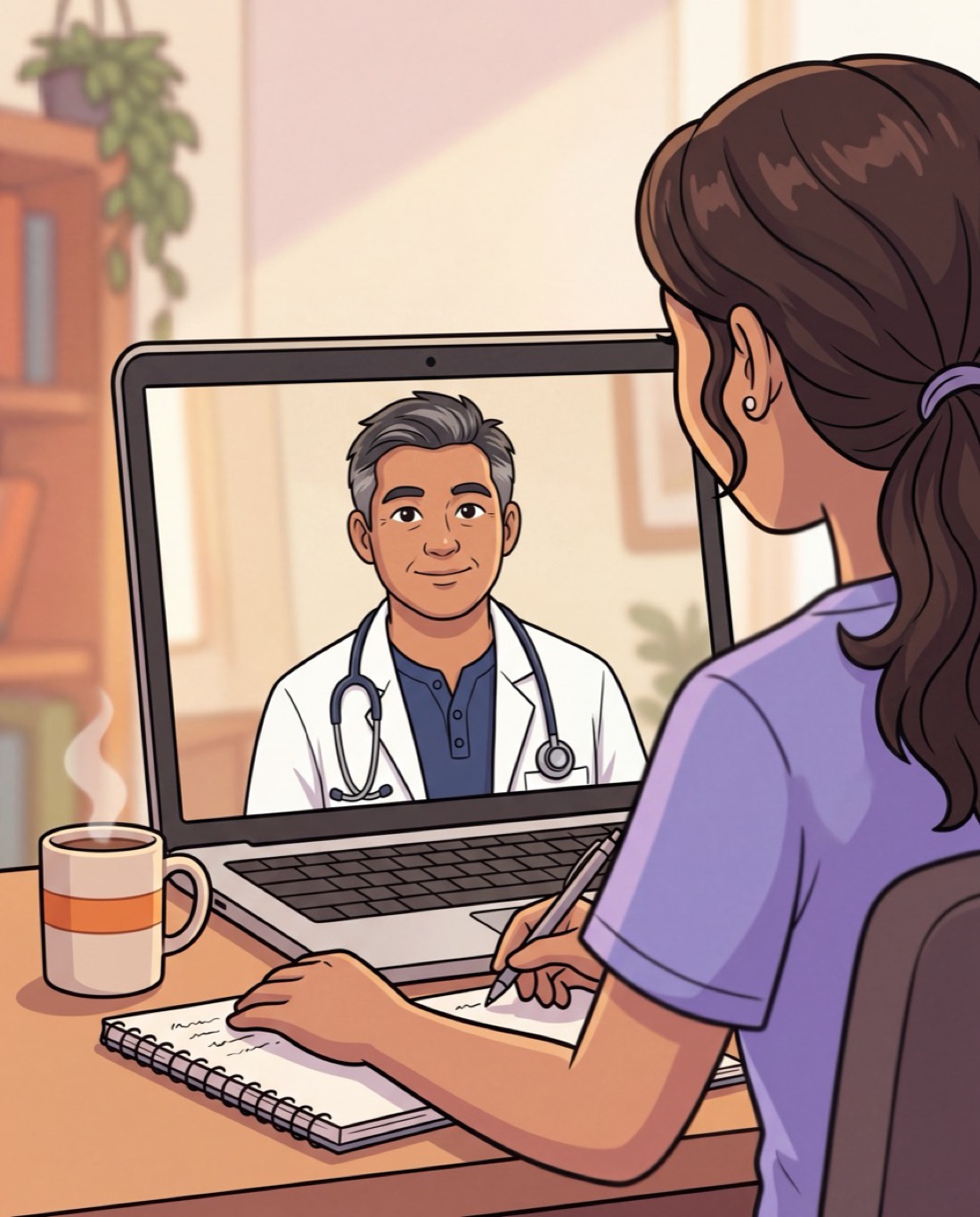 A pre-nursing student taking notes during a video coaching call with Dr. Nakata