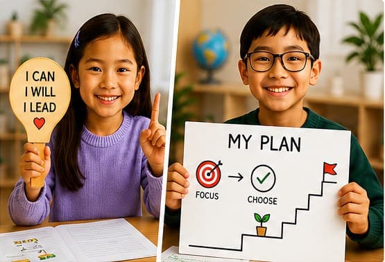 Two smiling children — a girl holding an "I CAN, I WILL, I LEAD" paddle and a boy holding his "MY PLAN" goal chart