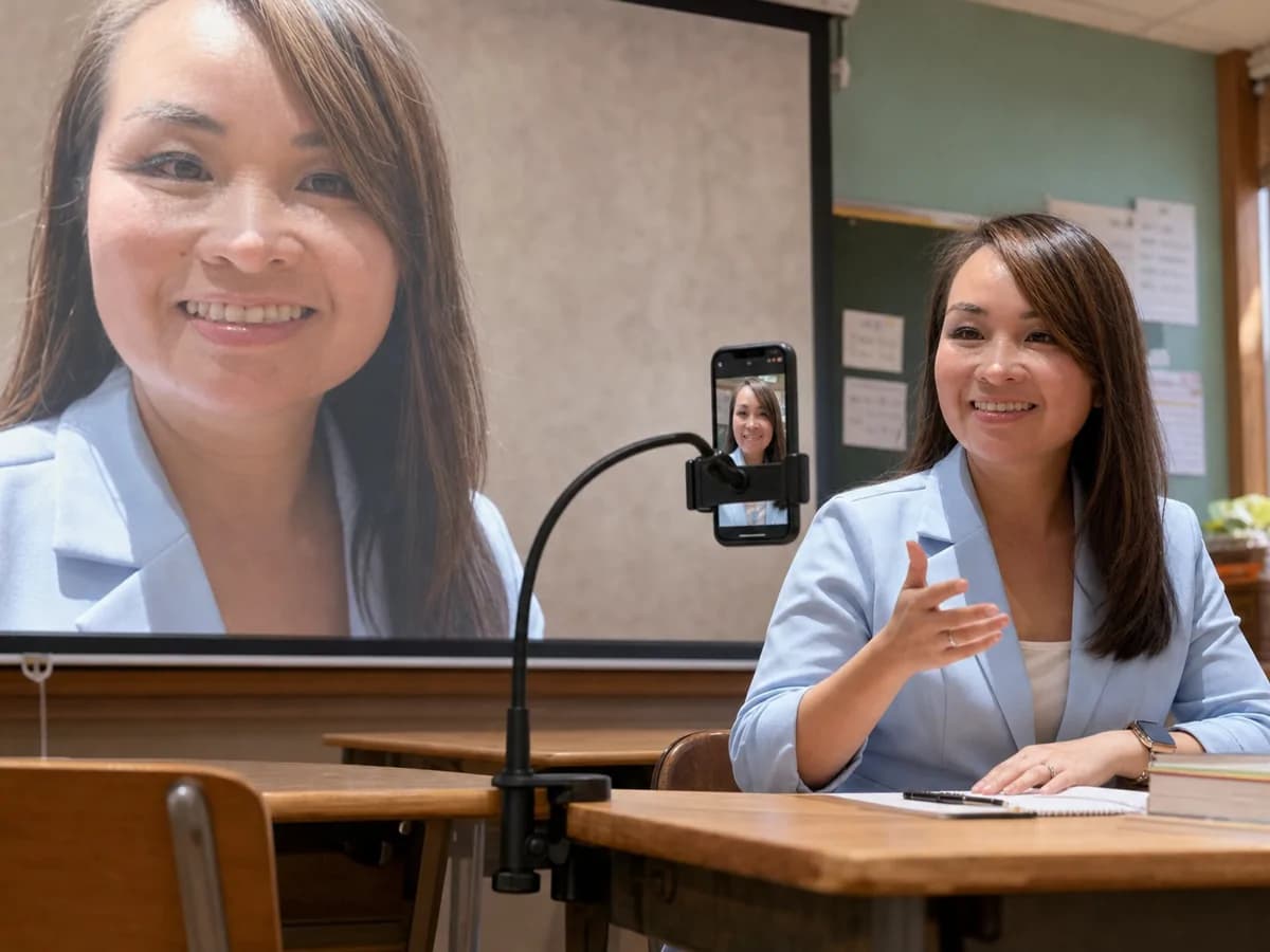 The teacher's own face showing live on the classroom screen from her phone's front camera