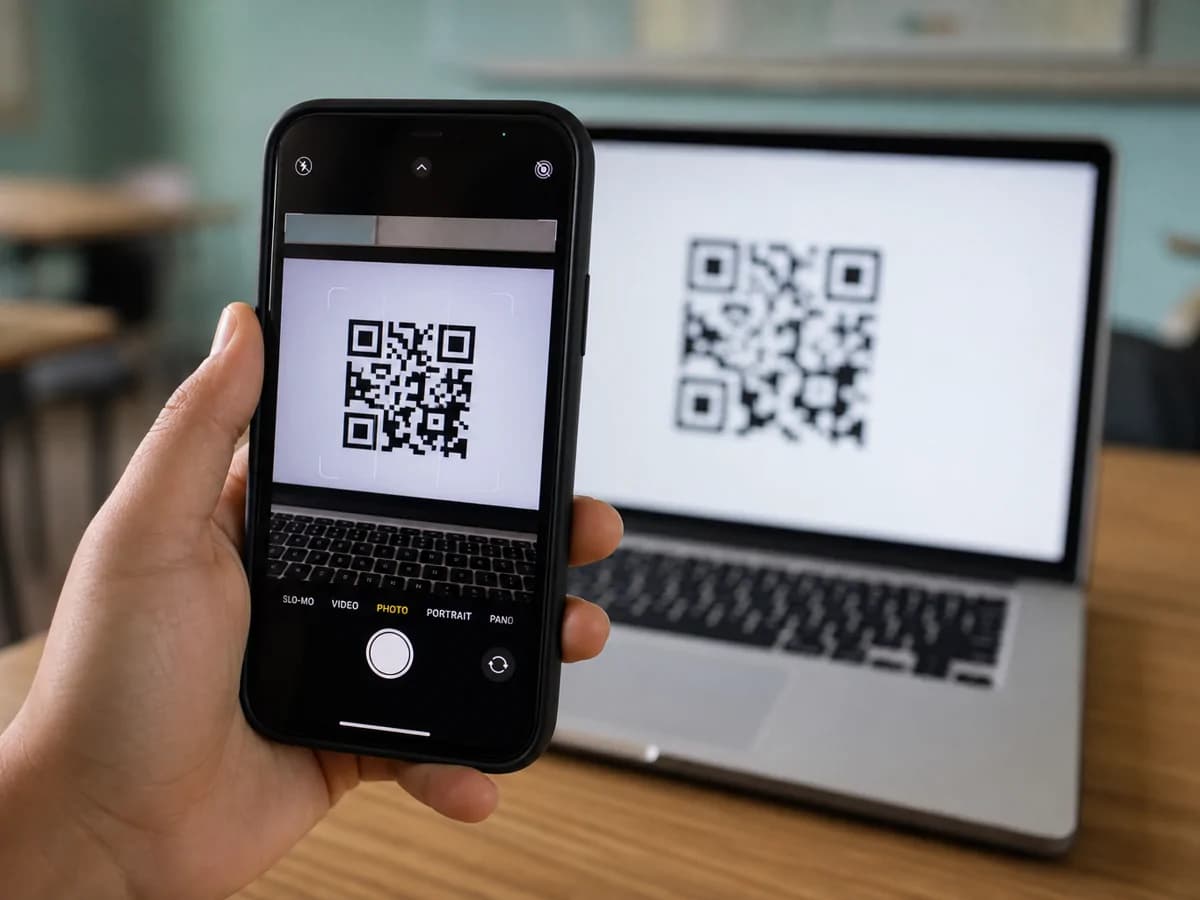 A phone camera framing the QR code shown on a laptop screen