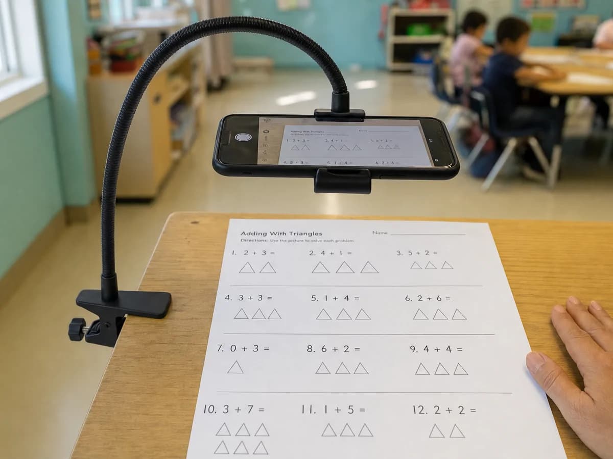 A phone resting in a folding stand angled down over a worksheet