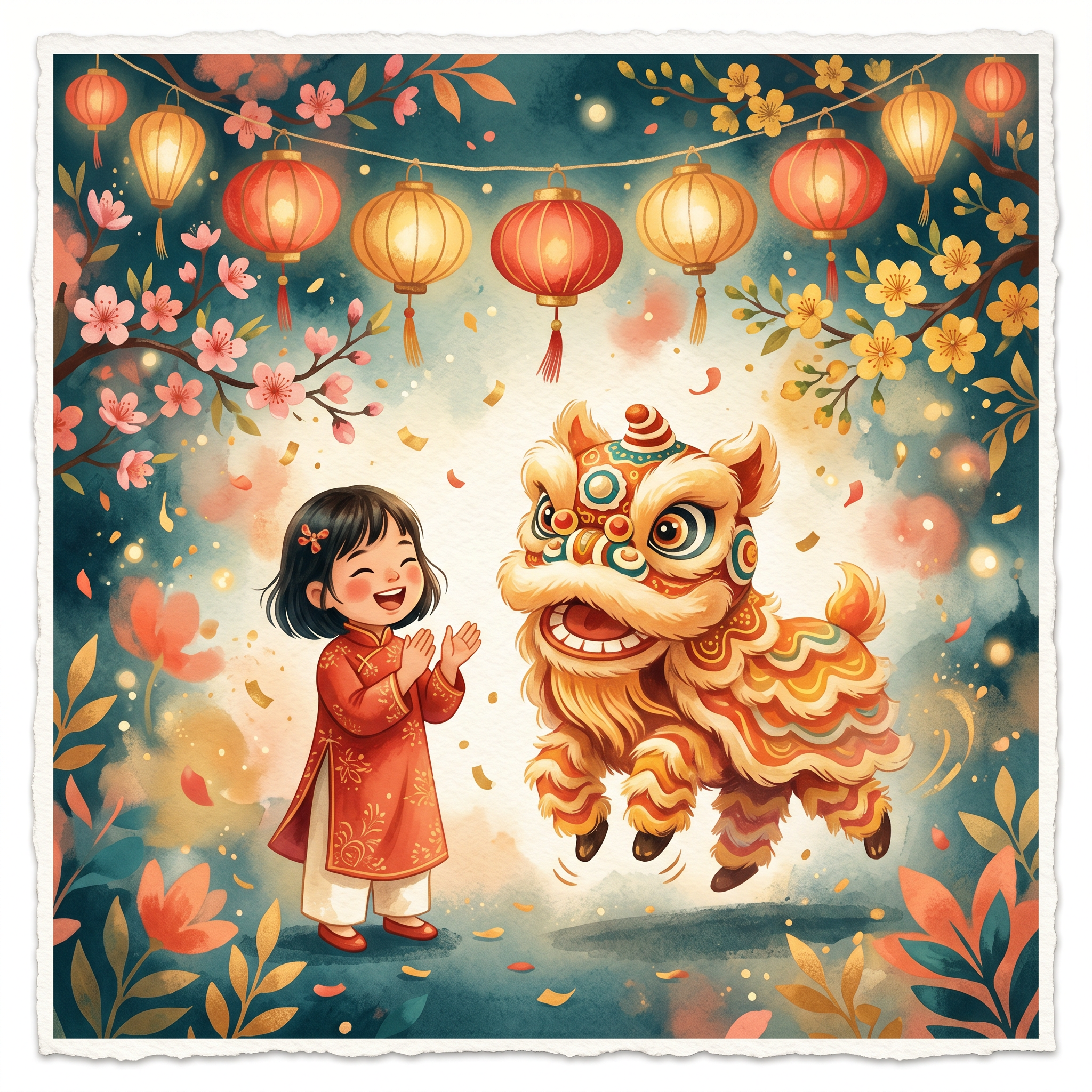 Watercolor illustration of a joyful child clapping at a friendly lion dance, celebrating Vietnamese Tet