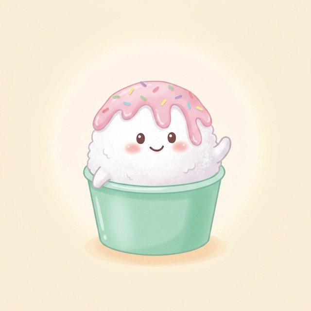 A smiling scoop of white shaved ice with pink syrup and rainbow sprinkles in a mint-green cup, from the book cover.