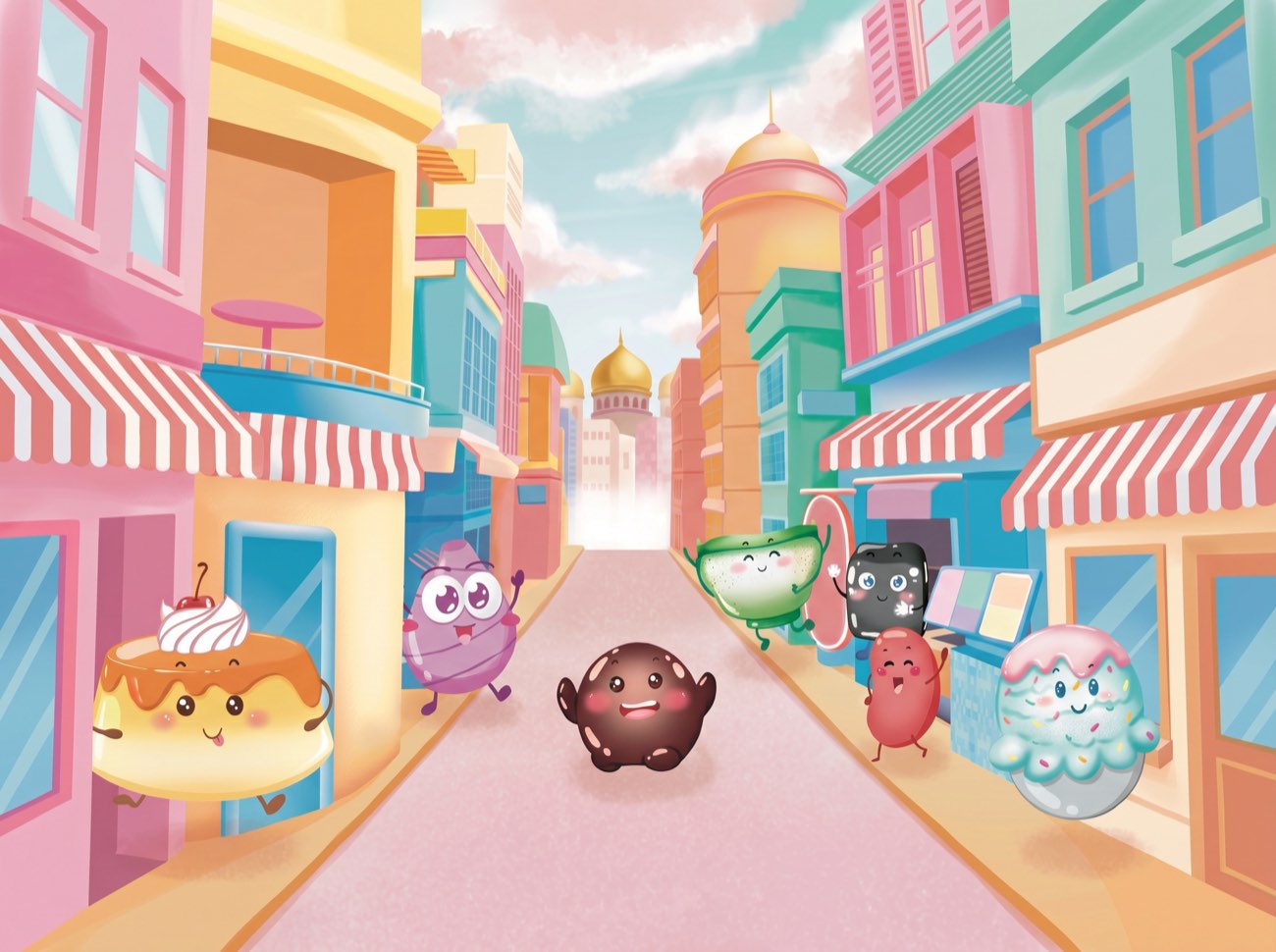 Six dessert friends hop out from the pastel storefronts to join Boba in the middle of the candy-colored street.