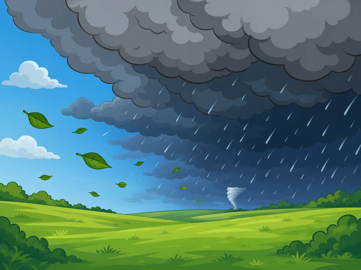 A Feelings Storm builds over a green meadow as dark clouds, rain, and wind sweep in.