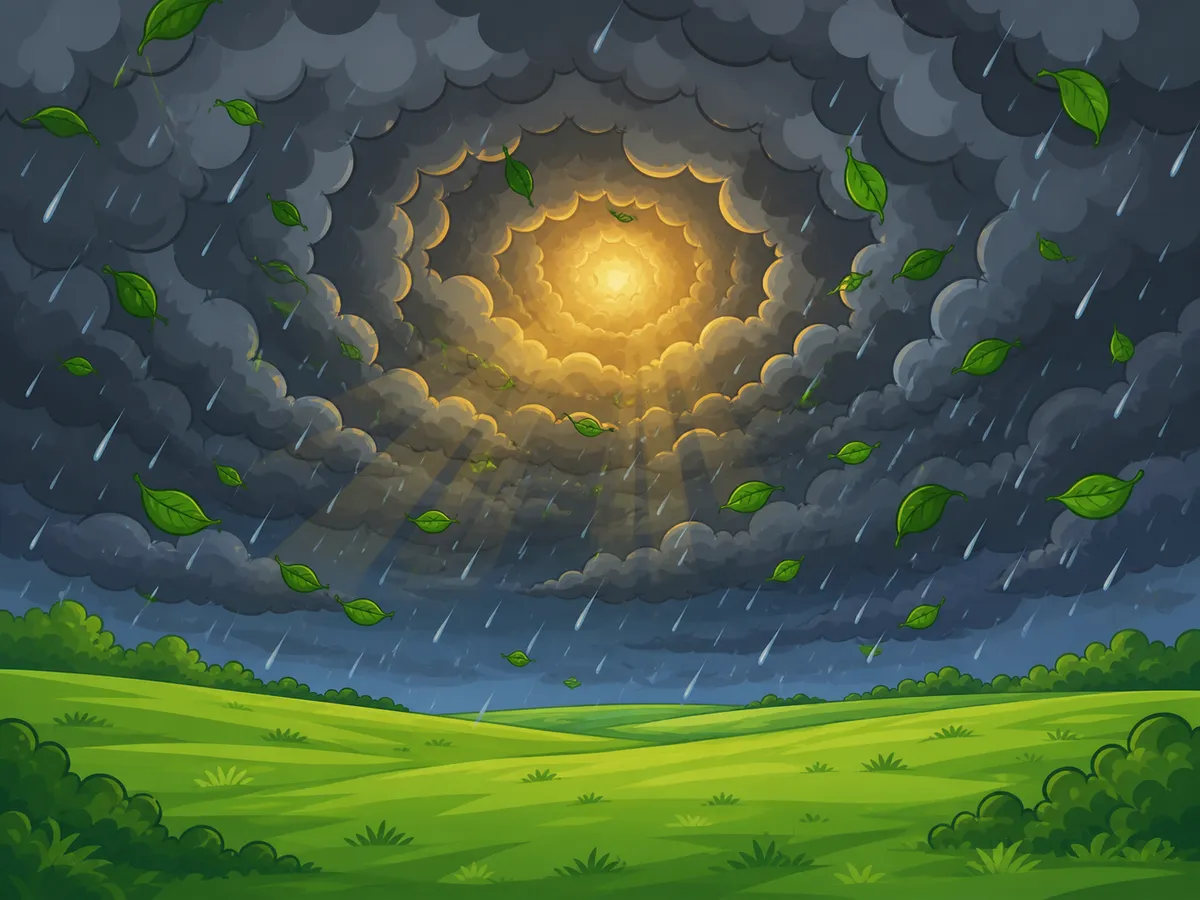 A warm amber alarm-glow breaks through the storm clouds above the meadow.