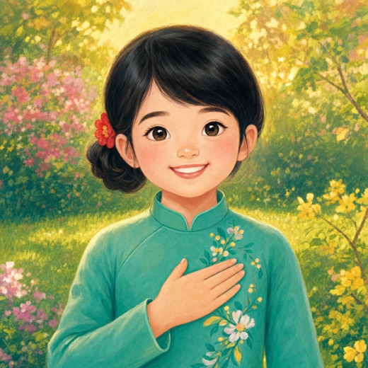 Mai smiling proudly with her hand over her heart