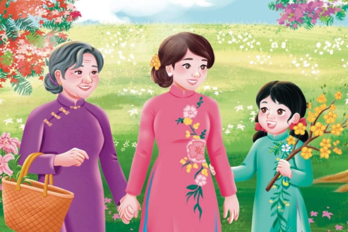 Bà, Mẹ, and Mai walking together through a blossoming spring garden in their plum, rose-pink, and jade áo dài