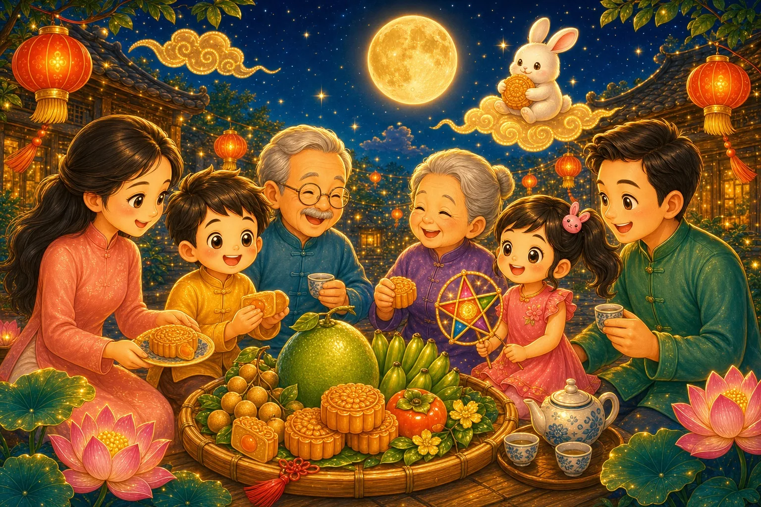 Three generations sharing the mâm cỗ feast tray of mooncakes, pomelo and fruit under the full moon, the jade rabbit on a cloud above