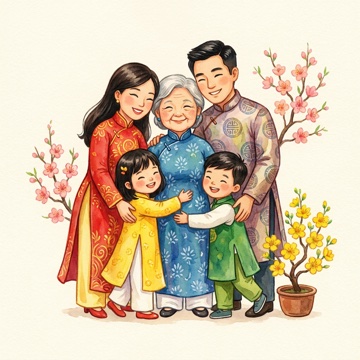 Watercolor of the Tết family