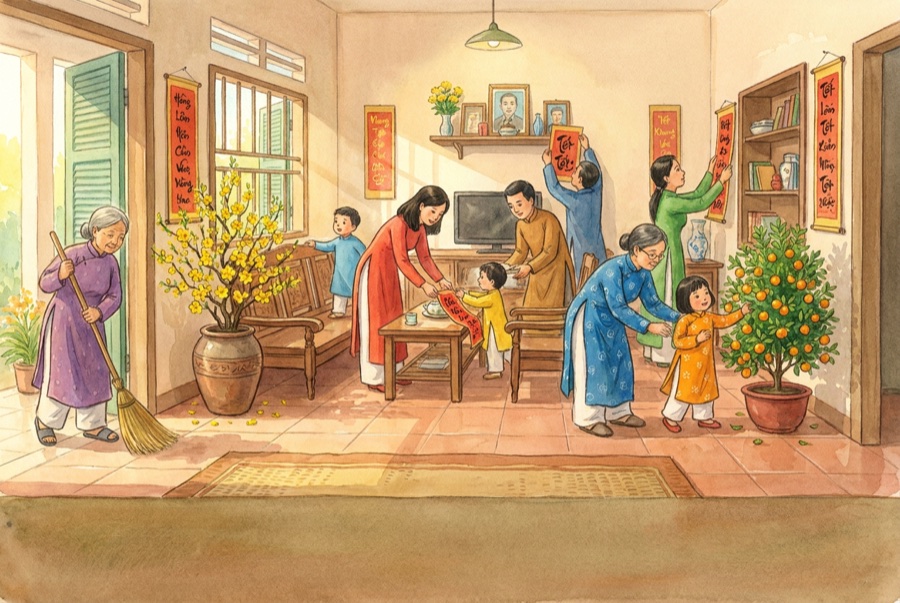 Illustration of a Vietnamese family decorating their home for Tết