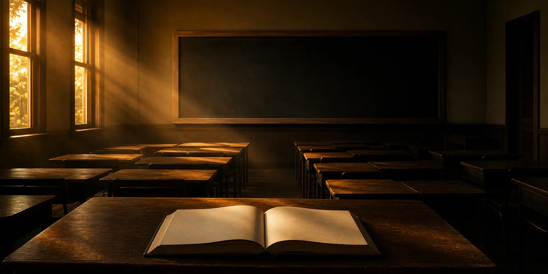 A welcoming classroom illuminated by soft golden-hour sunlight