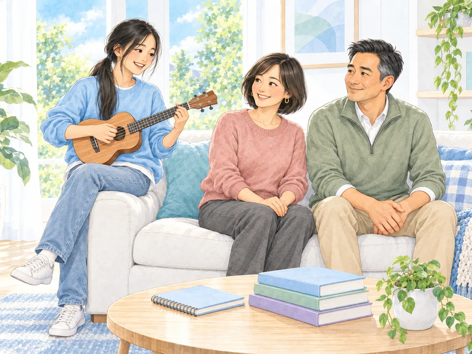 In daylight, the student sits on the arm of the sofa strumming her ukulele as music notes float up, while her mum and dad sway along beside her, a neat stack of books on the coffee table.