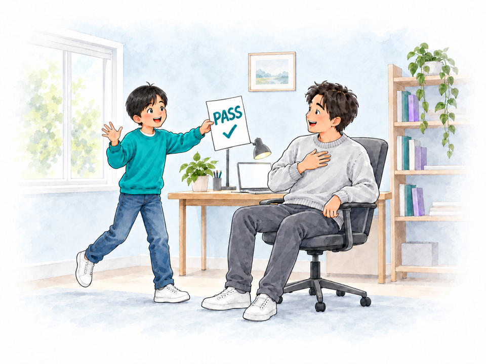 In a bright home office, a boy in a teal sweater rushes in beaming and holds out a homework page marked PASS to his dad, who turns in his desk chair with a hand on his chest, smiling with relief.