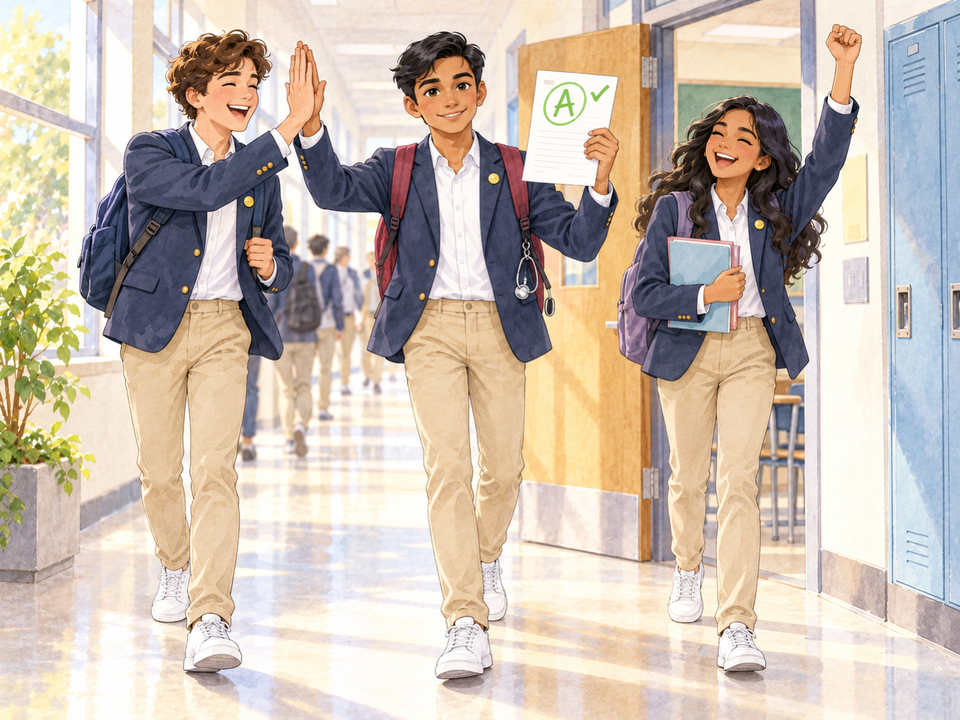In a bright school hallway, the same student walks out of his retake smiling, holding up a test marked with a green A and a check while two friends cheer and high-five him.