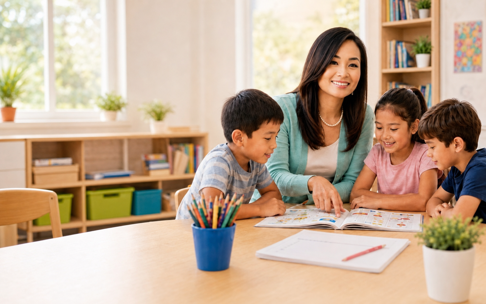 Kimly, MindSmart Learning Specialist, reading a colorful workbook with three smiling children at a classroom table