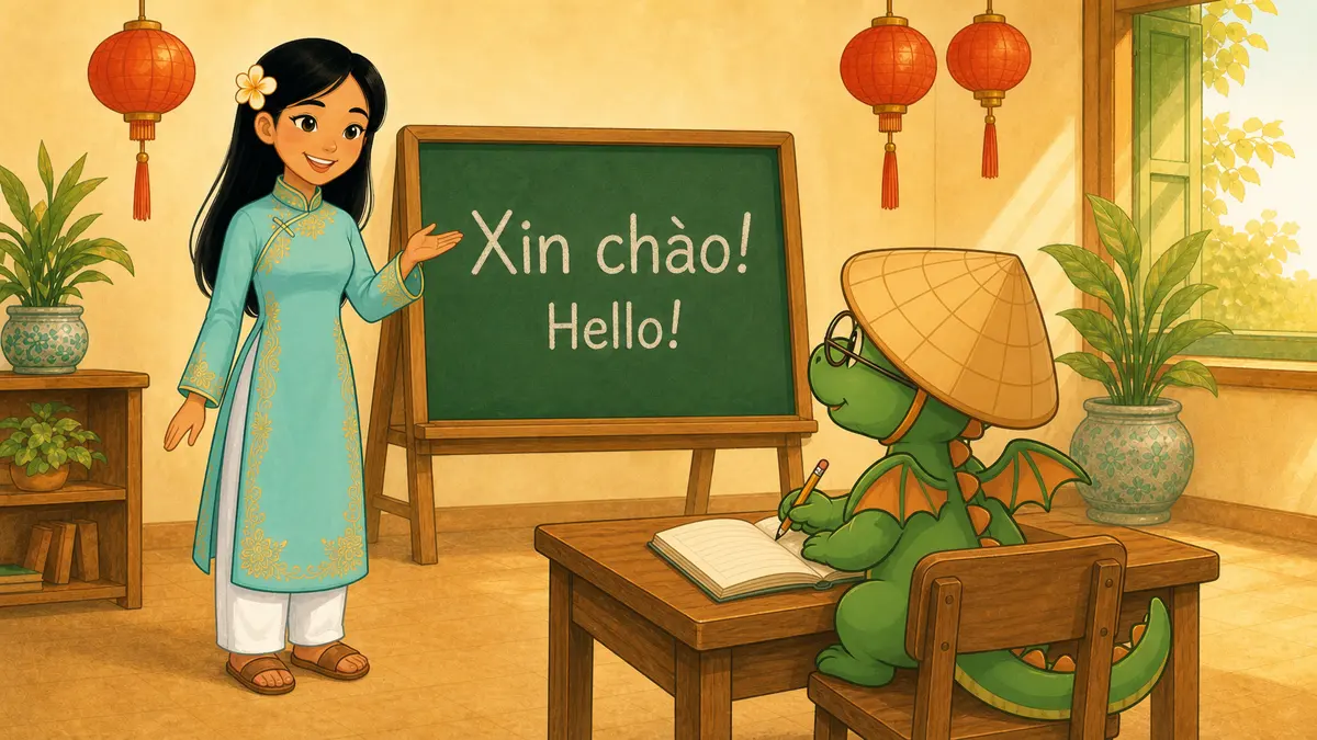 Cô Vi teaching at the chalkboard while Bảo follows along — Say Việt online Vietnamese course for kids