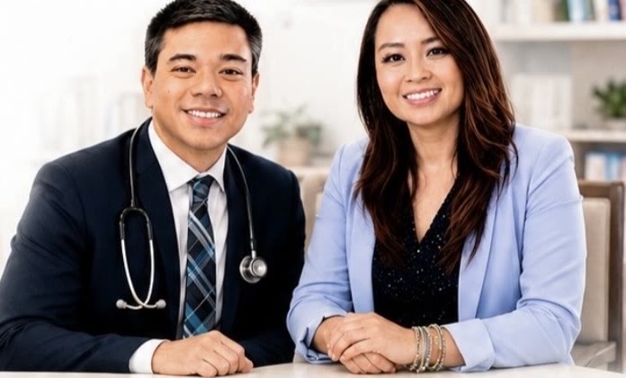 Dr. Roger Nakata and Kimly Hoang-Nakata sitting side by side at one table