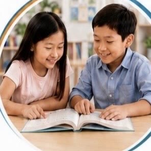 Two children reading a book together