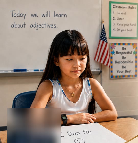 Kimly as a young child at a classroom desk